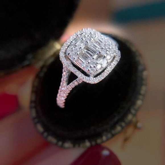 NEW Silver Baguette Round Diamond Halo Ring 9 - Picture 3 of 5